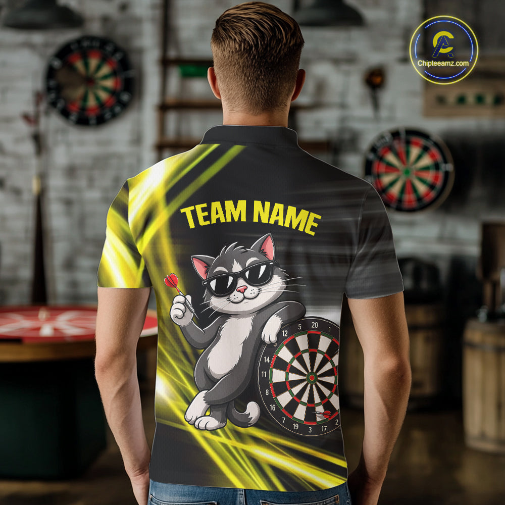Custom Black And Yellow Funny Cat Darts Shirt For Men, Darts Jersey Polo & 1/4 Zip, Darts Gifts TDM6510