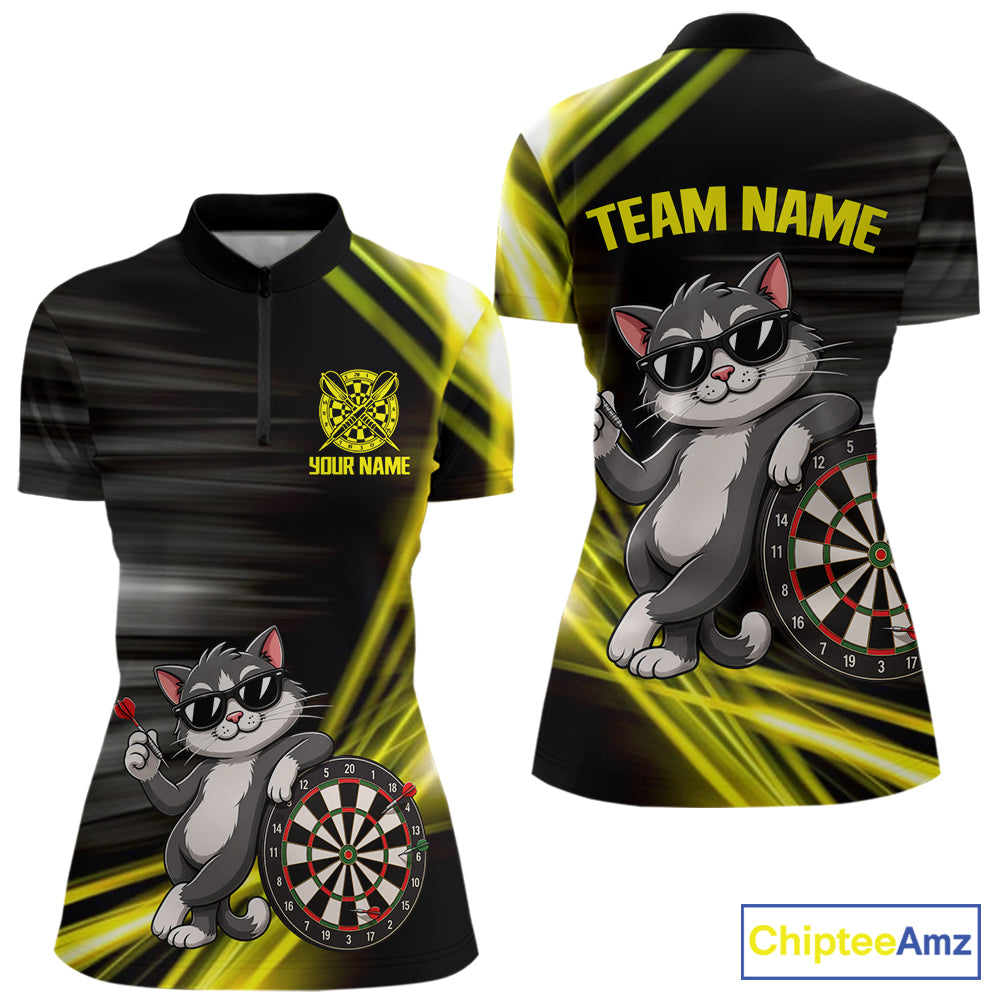 Custom Black And Yellow Funny Cat Darts Shirt For Women, Darts Jersey Polo & 1/4 Zip, Darts Gifts TDM6510
