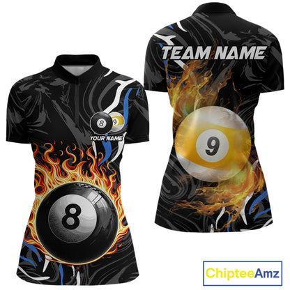 Personalized 8 Ball & 9 Ball Fire Flame Women Billiard Shirt, Billiard Jersey For Team Pooler |Blue TDM5209