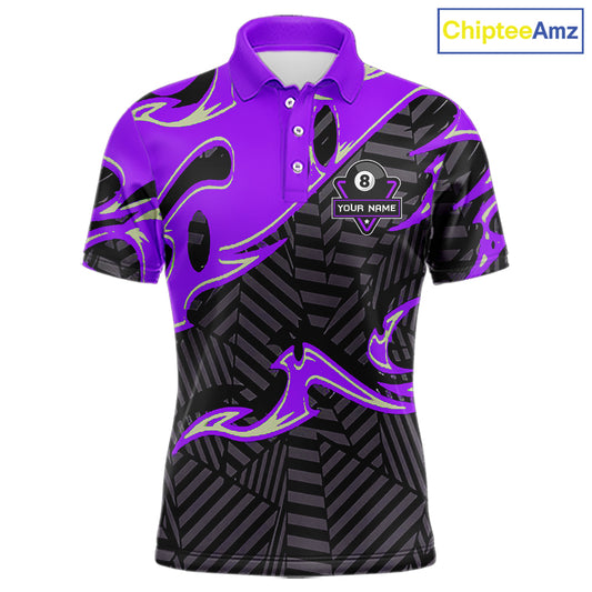 Custom Black Purple 8 Ball Tribal Flame Billiard Shirt For Men, Pool Team Jersey Polo & 1/4 Zip TDM5723