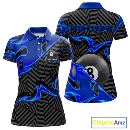 Custom Black And Blue 8 Ball Tribal Flame Billiard Shirt For Women, Pool Team Jersey Polo & 1/4 Zip TDM5724