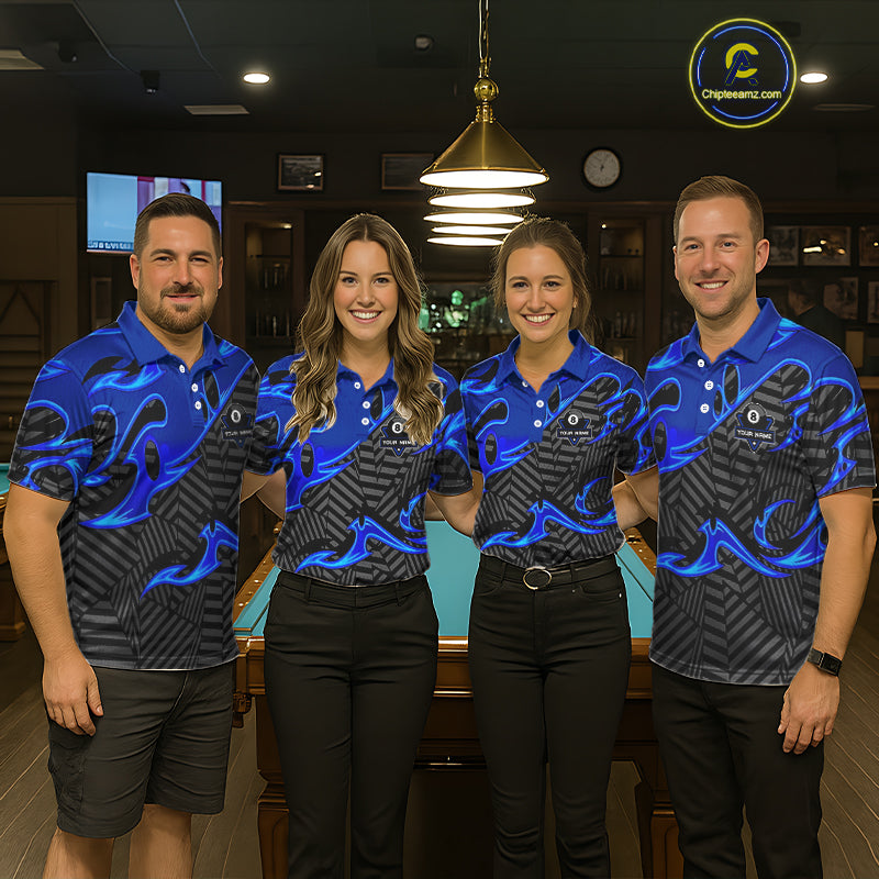 Custom Black And Blue 8 Ball Tribal Flame Billiard Shirt For Women, Pool Team Jersey Polo & 1/4 Zip TDM5724