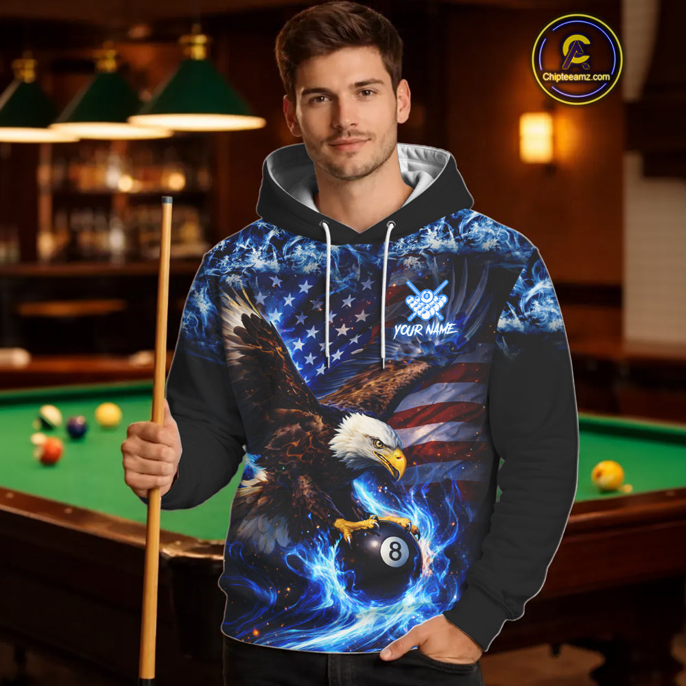 Blue Flaming Eagle 8 Ball Pool Hoodie For Men And Women Custom American Flag Billiard Hoodie TDM5727
