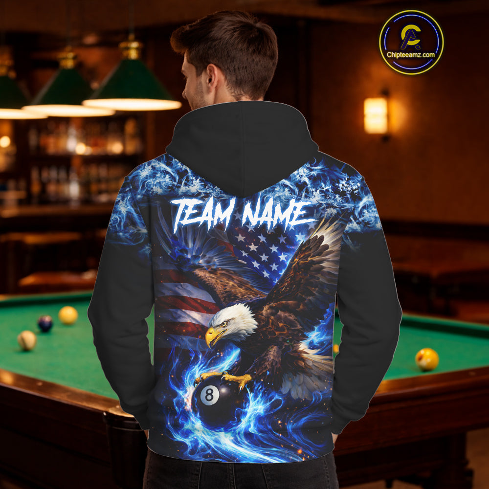 Blue Flaming Eagle 8 Ball Pool Hoodie For Men And Women Custom American Flag Billiard Hoodie TDM5727