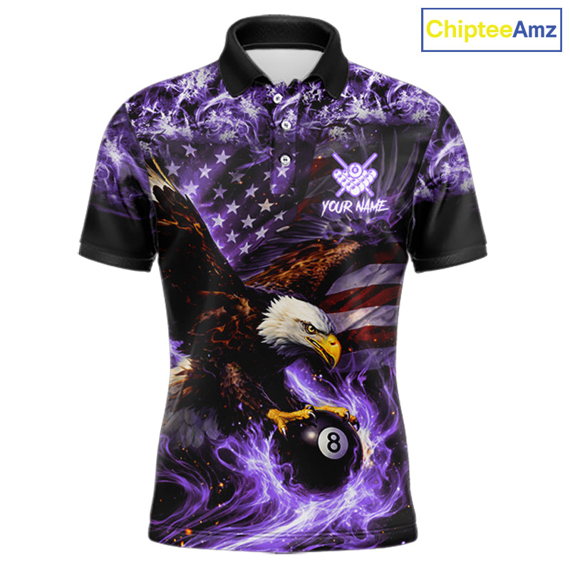 Purple Flaming Eagle 8 Ball Pool Billiard Shirt For Men Custom American Flag Billiard Team Jersey TDM5728