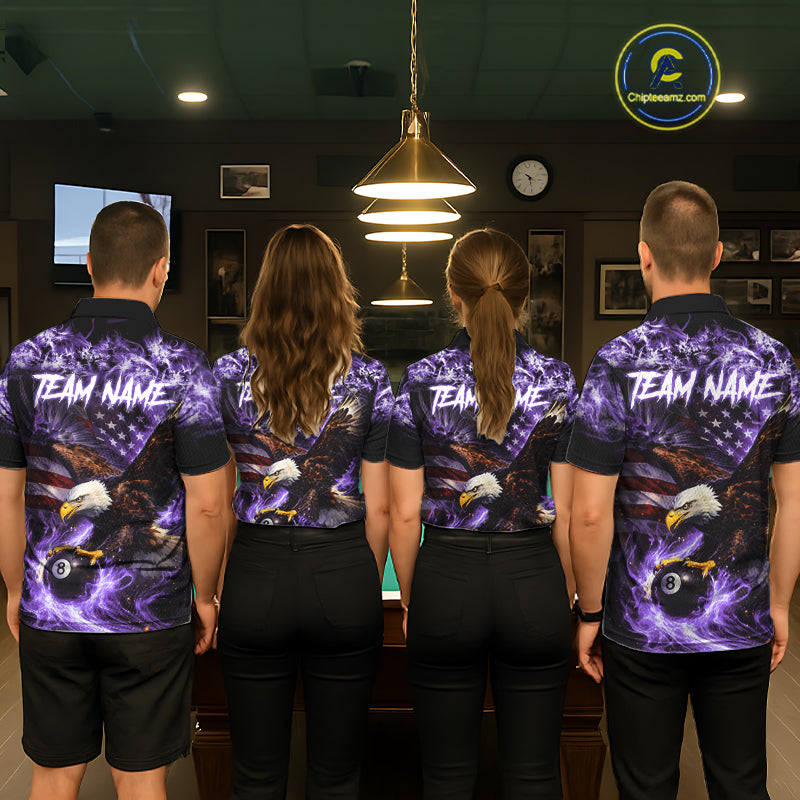 Purple Flaming Eagle 8 Ball Pool Billiard Shirt For Men Custom American Flag Billiard Team Jersey TDM5728