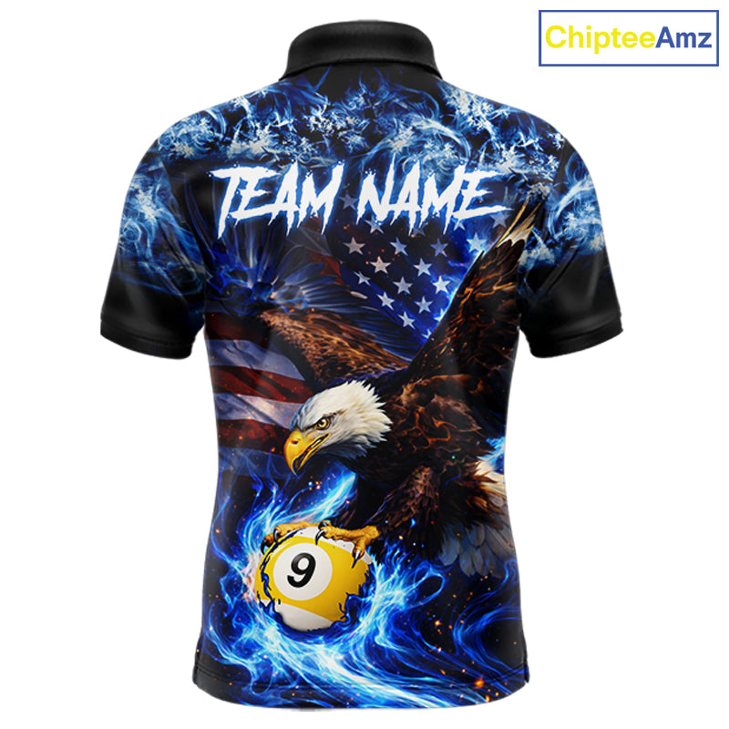 Blue Flaming Eagle 8 Ball 9 Ball Pool Billiard Shirt For Men Custom American Flag Billiard Jersey TDM5729
