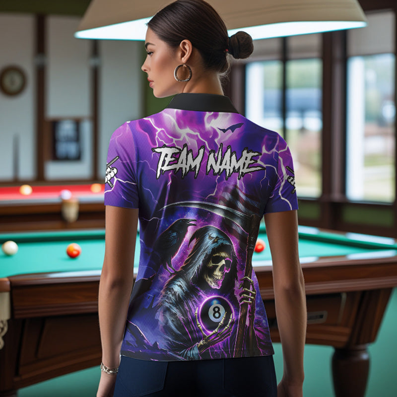 Grim Reaper Purple Galaxy Thunder Lightning Billiard Shirt For Women Custom 8 Ball Billiard Jersey TDM3725