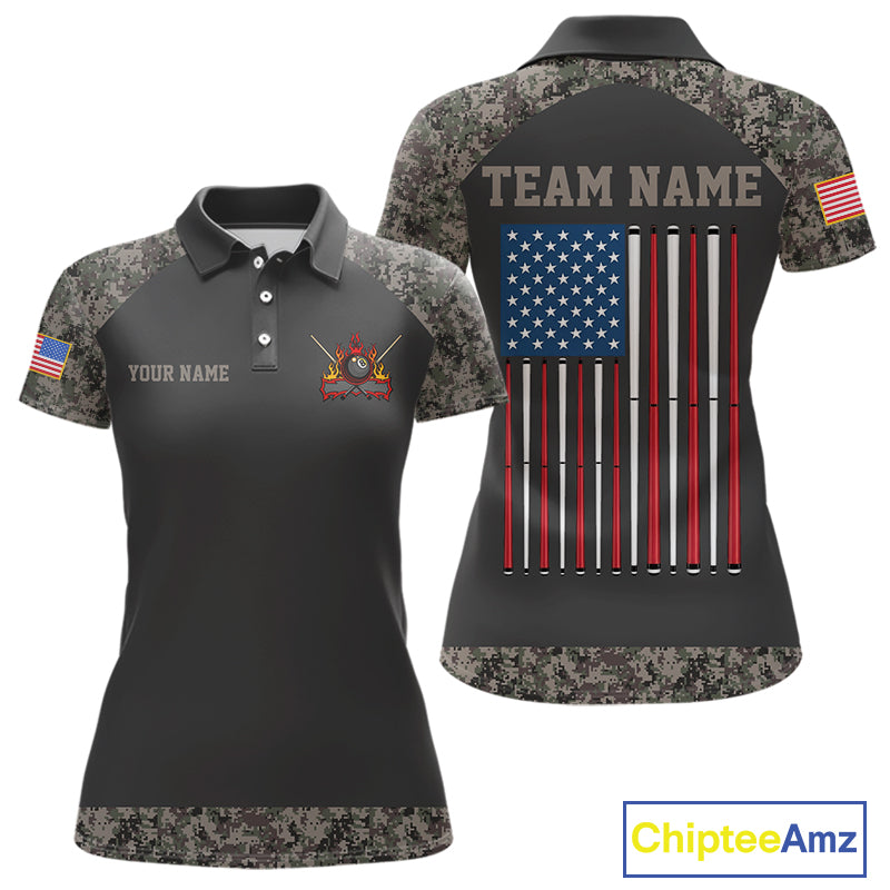 Personalized Retro Camo US Flag Billiard Shirt For Women, 8 Ball Pool Team Jersey Polo & 1/4 Zip TDM6336