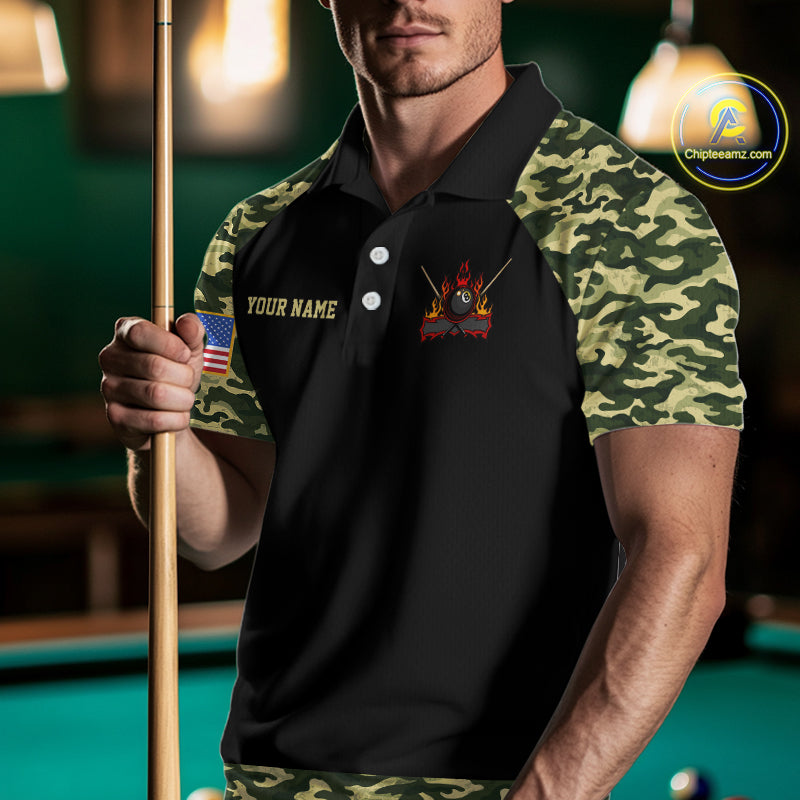 Personalized Green Camo US Flag Billiard Shirt For Men Custom Pool Team Jersey Polo & 1/4 Zip TDM6337