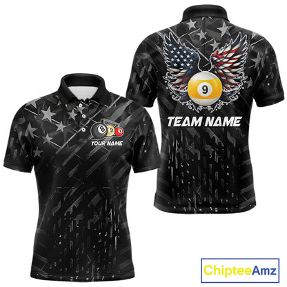 Black US Flag 9 Ball Pool Wings Billiard Shirt For Men Custom Billiard Team Jersey Polo & 1/4 Zip TDM6340