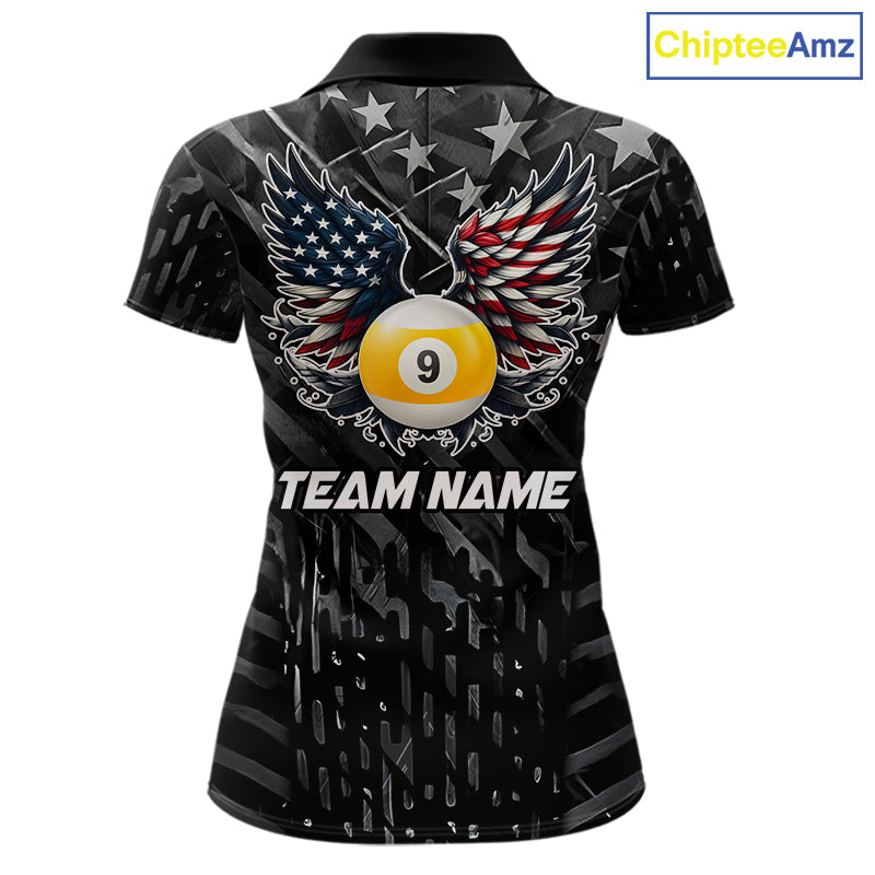 Black US Flag 9 Ball Pool Wings Billiard Shirt For Women Custom Billiard Team Jersey Polo & 1/4 Zip TDM6340