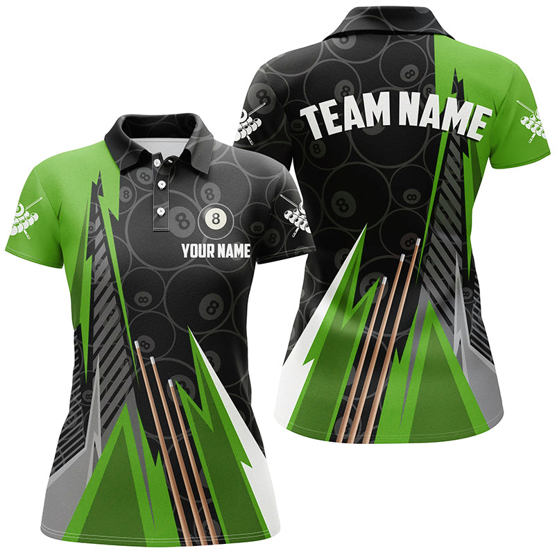 Personalized Black Green Billiard Pattern Women Polo & 1/4 Zip Shirts, Billiard Team Jersey Uniform TDM1615