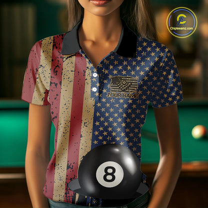 Vintage American Flag 8 Ball Billiard Shirts For Women Custom Patriotic Pool Team Jerseys TDM3998