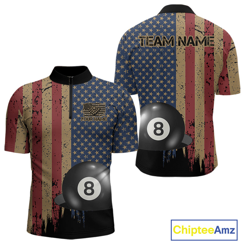 Vintage American Flag 8 Ball Billiard Shirts For Men Custom Patriotic Pool Team Jerseys TDM3998