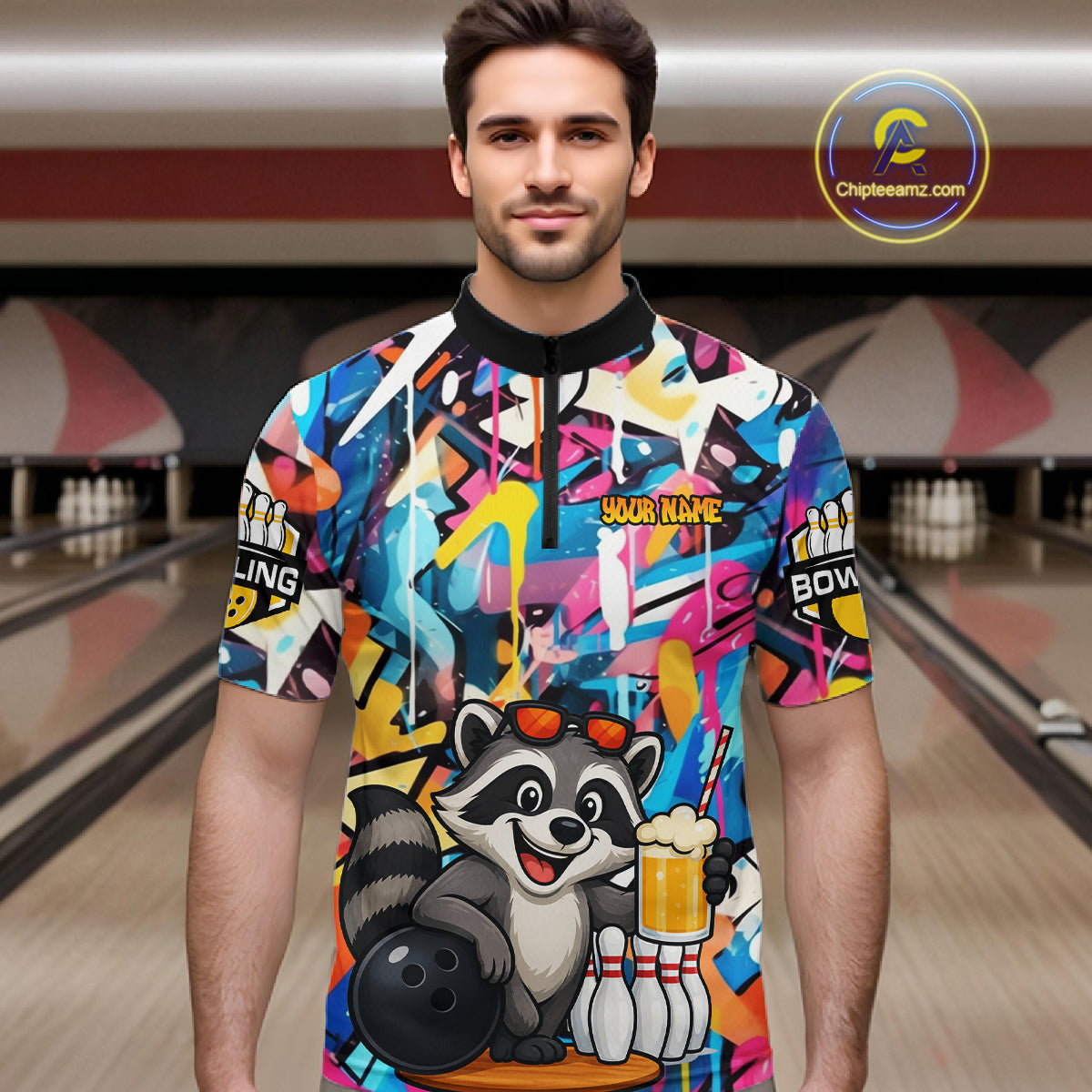 Funny Raccoon Colorful Graffiti Bowling Shirts For Men, Best Bowling Team Jersey Polo & 1/4 Zip TDM6512