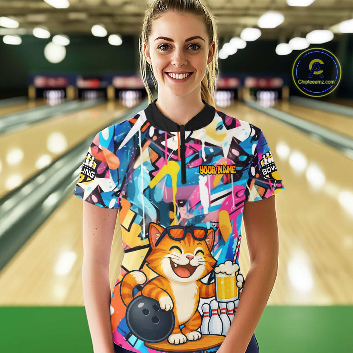Funny Cat Colorful Graffiti Bowling Shirts For Women, Best Bowling Team Jersey Polo & 1/4 Zip TDM6513