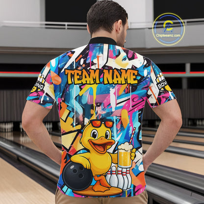 Funny Duck Colorful Graffiti Bowling Shirts For Men, Best Bowling Team Jersey Polo & 1/4 Zip TDM6514