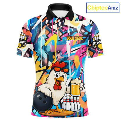 Funny Chicken Colorful Graffiti Bowling Shirts For Men, Best Bowling Team Jersey Polo & 1/4 Zip TDM6515
