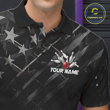 Load image into Gallery viewer, Close-up of a black American flag wings bowling polo shirt collar, buttons, and patriotic artwork.