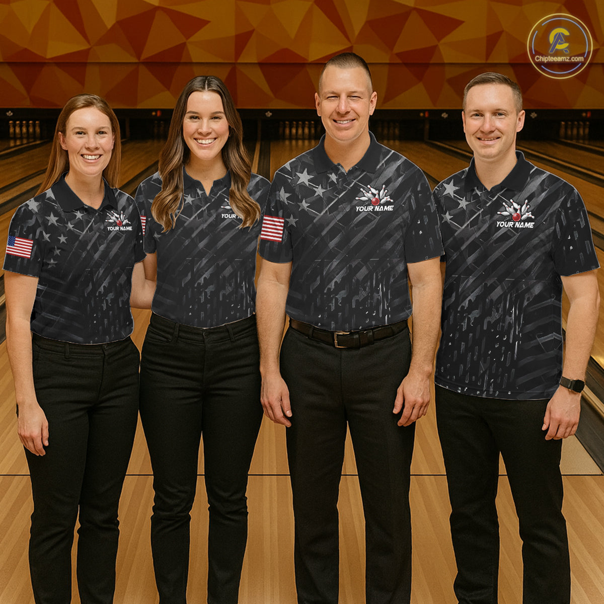 Bowling team wearing matching black American flag wings bowling jerseys during league competition front view.