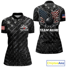 Load image into Gallery viewer, Black American flag wings bowling quarter zip shirt for women built for league play and tournaments.
