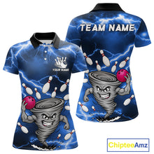Load image into Gallery viewer, Blue thunder lightning tornado bowling polo shirt for women with custom bowling team graphics.