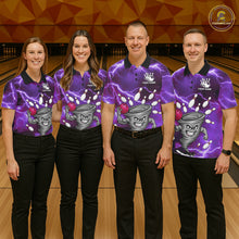 Load image into Gallery viewer, Bowling team wearing matching purple thunder lightning tornado bowling jerseys during tournament matches front view.