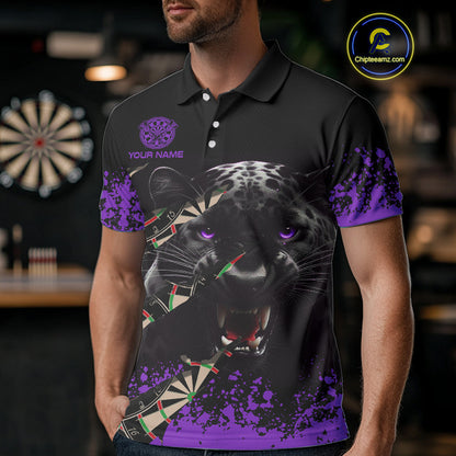 Black And Purple Grunge Panther Darts Shirt Polo & Quarter Zip For Men Custom Darts Team Jersey TDM4583