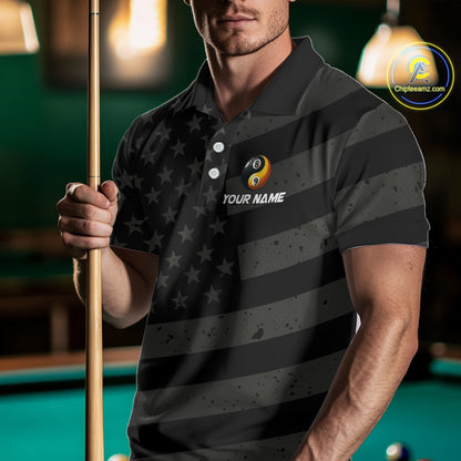 Black US Flag Yin-Yang 8 Ball & 9 Ball Custom Billiard Shirts For Men, Billiard Team Jersey TDM5460