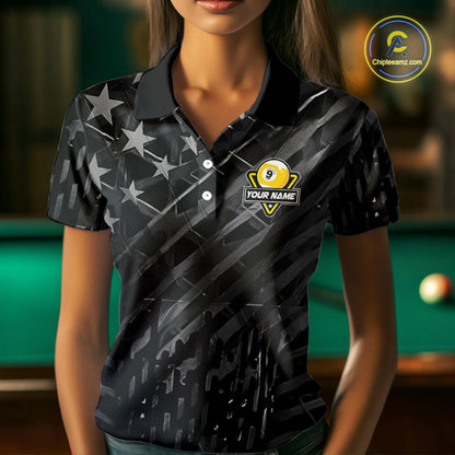 Black US Flag 9 Ball Fire Billiard Shirt For Women Custom Pool Team Billiard Jersey Polo & 1/4 Zip TDM5461