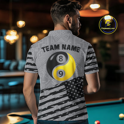 Grey US Flag Yin-Yang 8 & 9 Ball Billiard Shirt For Men Custom Pool Team Jersey Polo & 1/4 Zip TDM5463