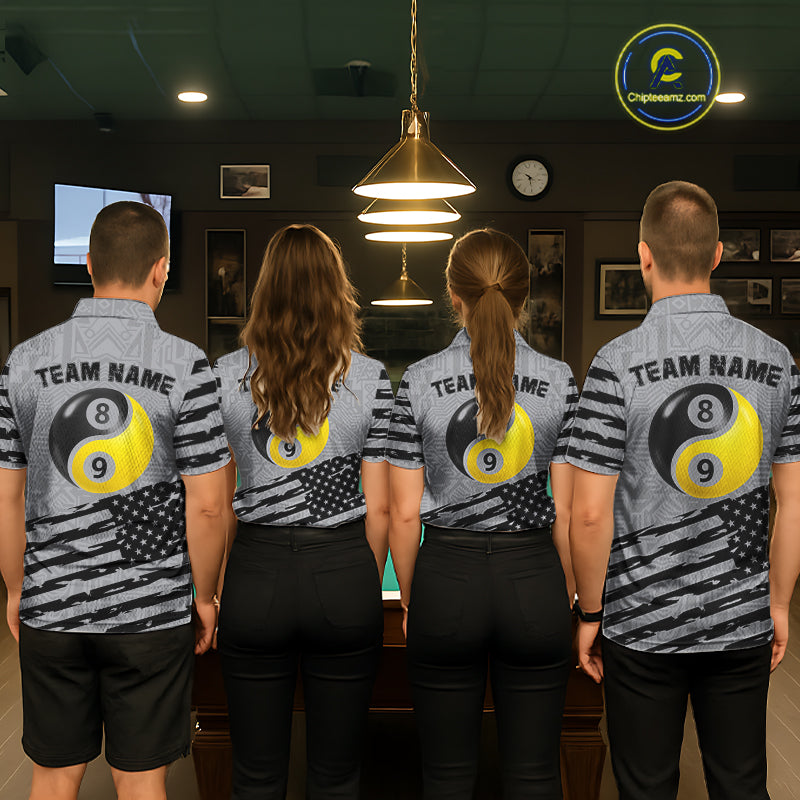 Grey US Flag Yin-Yang 8 & 9 Ball Billiard Shirt For Men Custom Pool Team Jersey Polo & 1/4 Zip TDM5463