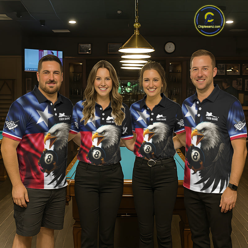 Texas Flag Eagle 8 Ball Men's Billiard Polo & 1/4 Zip Custom Patriotic Team Billiard Pool Jersey TDM5464