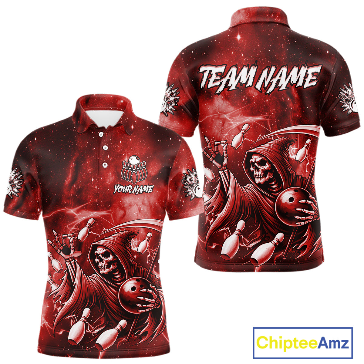 Funny Red Grim Reaper Galaxy Bowling Shirt For Men Custom Bowling Team Jersey Polo & 1/4 Zip TDM6078