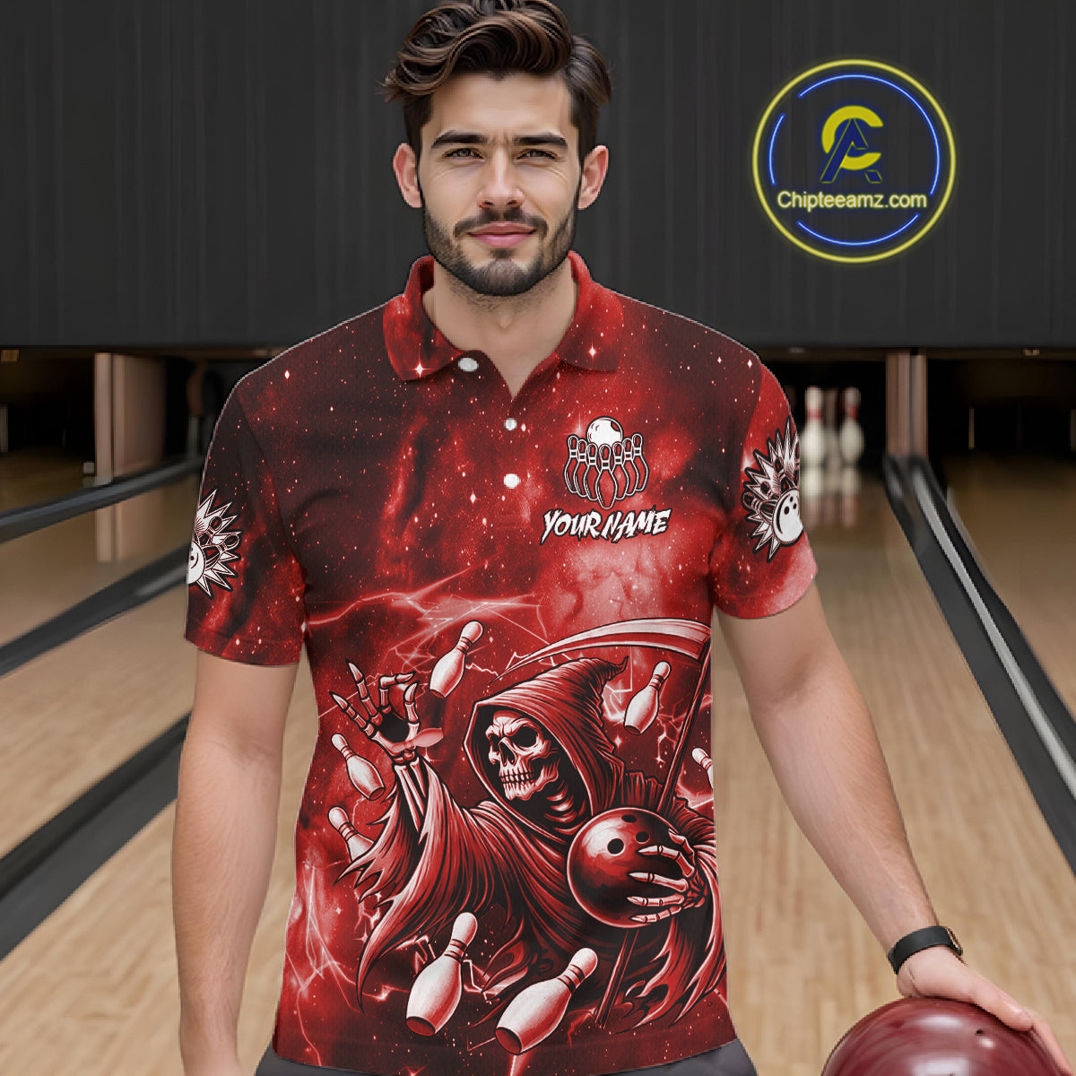 Funny Red Grim Reaper Galaxy Bowling Shirt For Men Custom Bowling Team Jersey Polo & 1/4 Zip TDM6078
