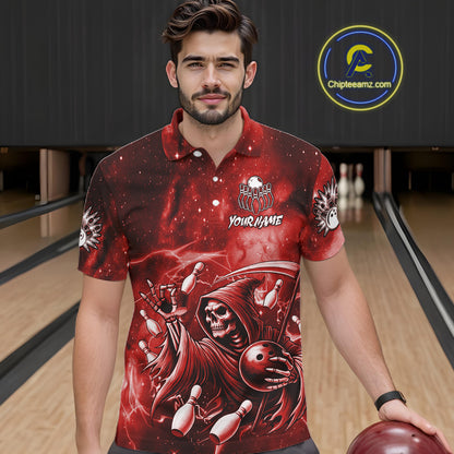 Funny Red Grim Reaper Galaxy Bowling Shirt For Men Custom Bowling Team Jersey Polo & 1/4 Zip TDM6078