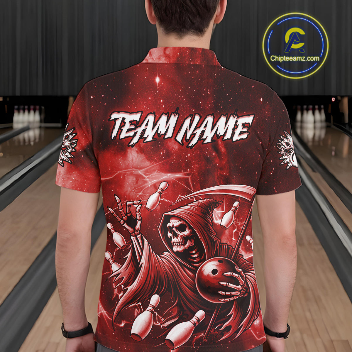 Funny Red Grim Reaper Galaxy Bowling Shirt For Men Custom Bowling Team Jersey Polo & 1/4 Zip TDM6078