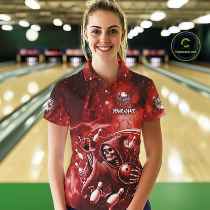 Funny Red Grim Reaper Galaxy Bowling Shirt For Women Custom Bowling Team Jersey Polo & 1/4 Zip TDM6078