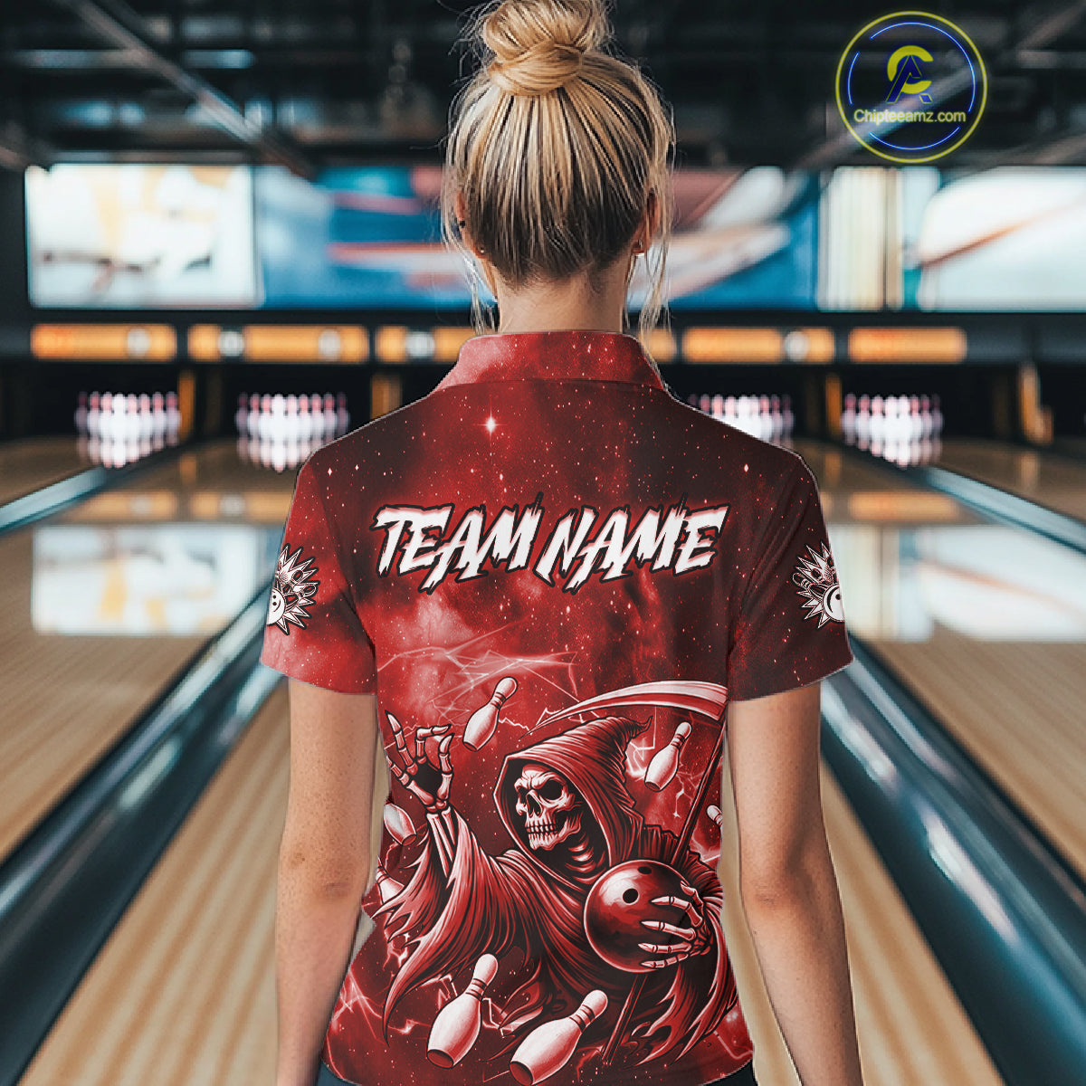 Funny Red Grim Reaper Galaxy Bowling Shirt For Women Custom Bowling Team Jersey Polo & 1/4 Zip TDM6078