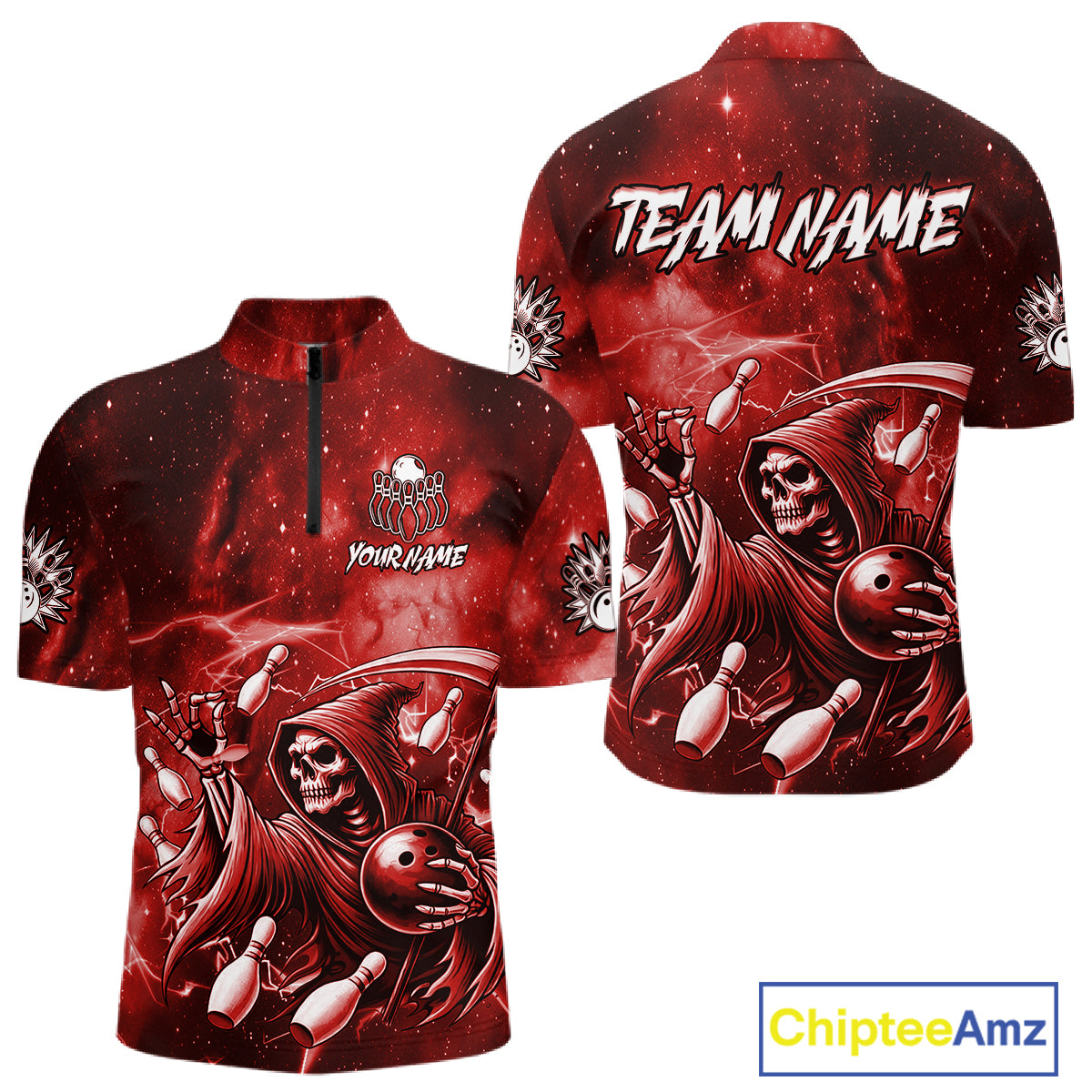 Funny Red Grim Reaper Galaxy Bowling Shirt For Men Custom Bowling Team Jersey Polo & 1/4 Zip TDM6078