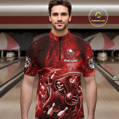 Funny Red Grim Reaper Galaxy Bowling Shirt For Men Custom Bowling Team Jersey Polo & 1/4 Zip TDM6078
