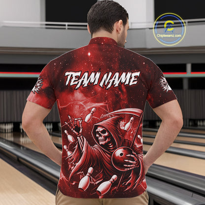 Funny Red Grim Reaper Galaxy Bowling Shirt For Men Custom Bowling Team Jersey Polo & 1/4 Zip TDM6078