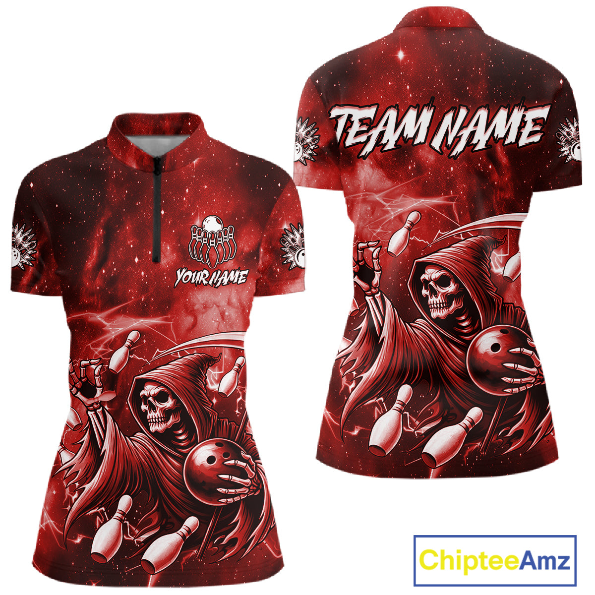 Funny Red Grim Reaper Galaxy Bowling Shirt For Women Custom Bowling Team Jersey Polo & 1/4 Zip TDM6078