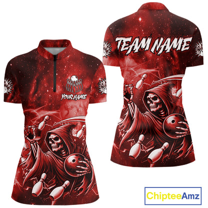 Funny Red Grim Reaper Galaxy Bowling Shirt For Women Custom Bowling Team Jersey Polo & 1/4 Zip TDM6078