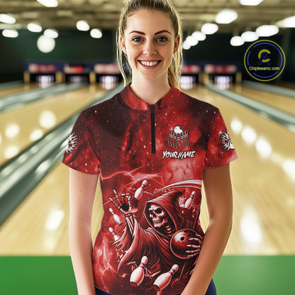 Funny Red Grim Reaper Galaxy Bowling Shirt For Women Custom Bowling Team Jersey Polo & 1/4 Zip TDM6078