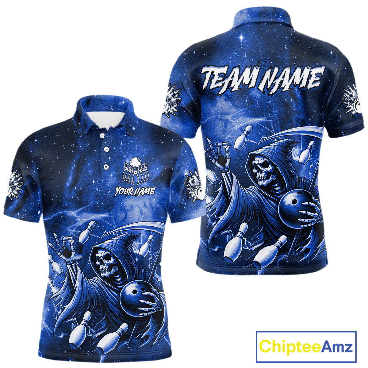 Funny Blue Grim Reaper Galaxy Bowling Shirt For Men Custom Bowling Team Jersey Polo & 1/4 Zip TDM6079