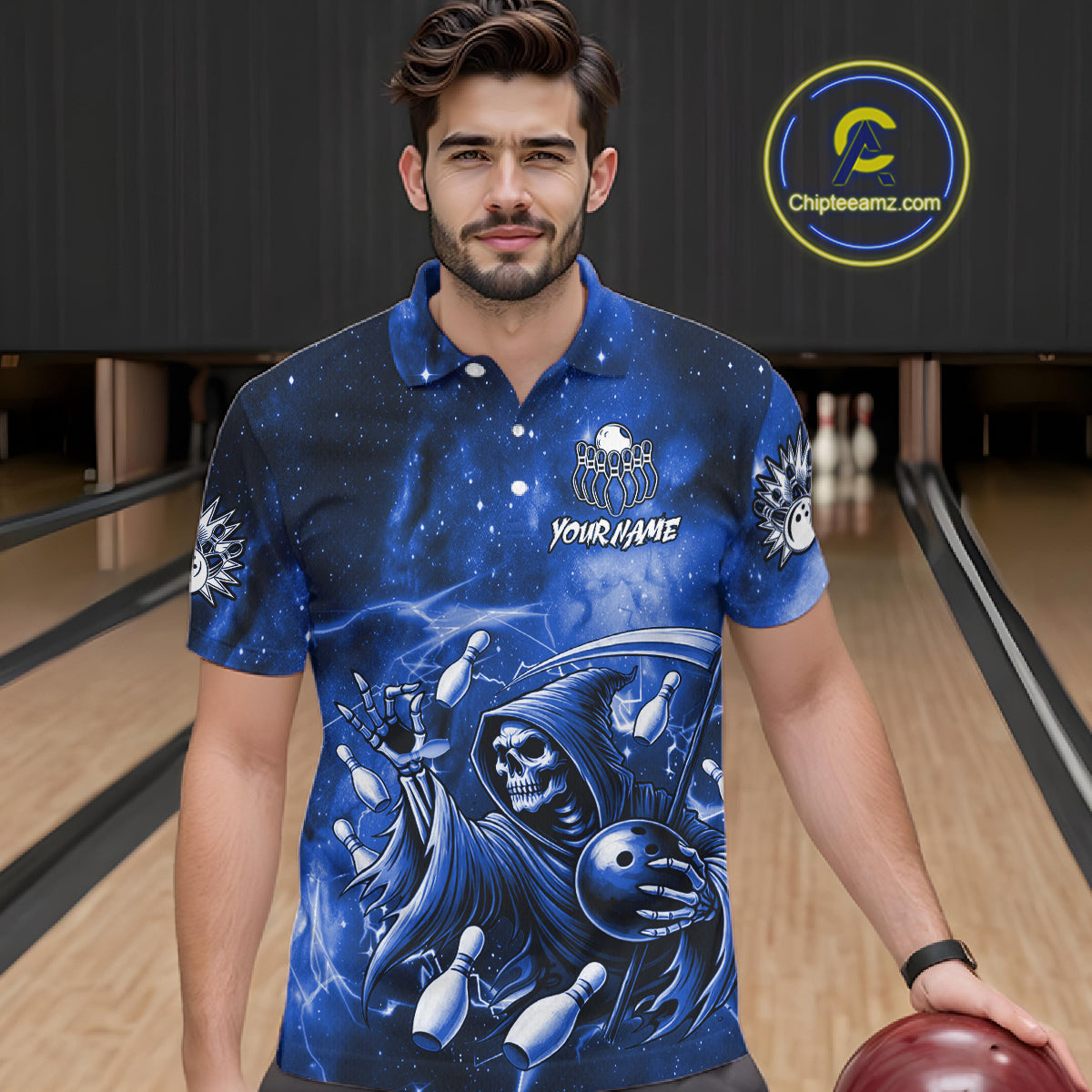 Funny Blue Grim Reaper Galaxy Bowling Shirt For Men Custom Bowling Team Jersey Polo & 1/4 Zip TDM6079