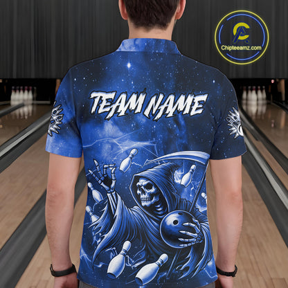 Funny Blue Grim Reaper Galaxy Bowling Shirt For Men Custom Bowling Team Jersey Polo & 1/4 Zip TDM6079