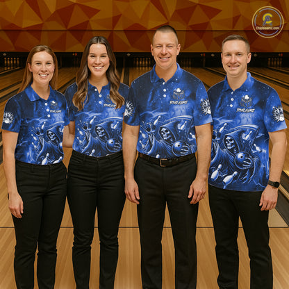 Funny Blue Grim Reaper Galaxy Bowling Shirt For Women Custom Bowling Team Jersey Polo & 1/4 Zip TDM6079